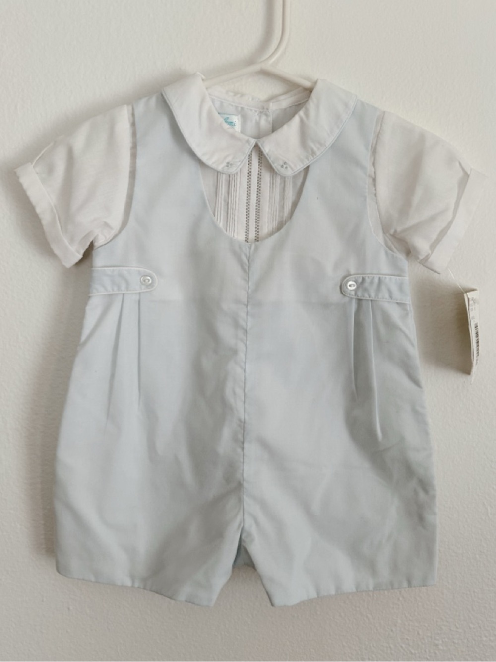 Petit Ami Light Blue and White Baby Romper with Embroidered Collar